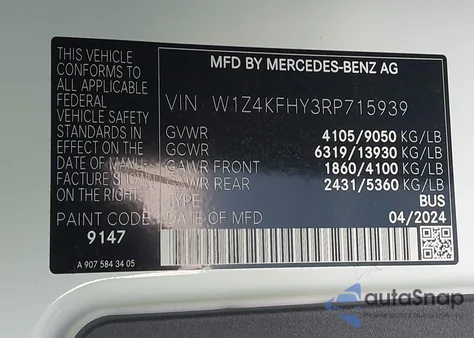 2024 Mercedes-Benz Sprinter 2500 Standard Roof 4-Cyl Diesel z USA, uszkodzony, nr VIN W1Z4KFHY3RP715939